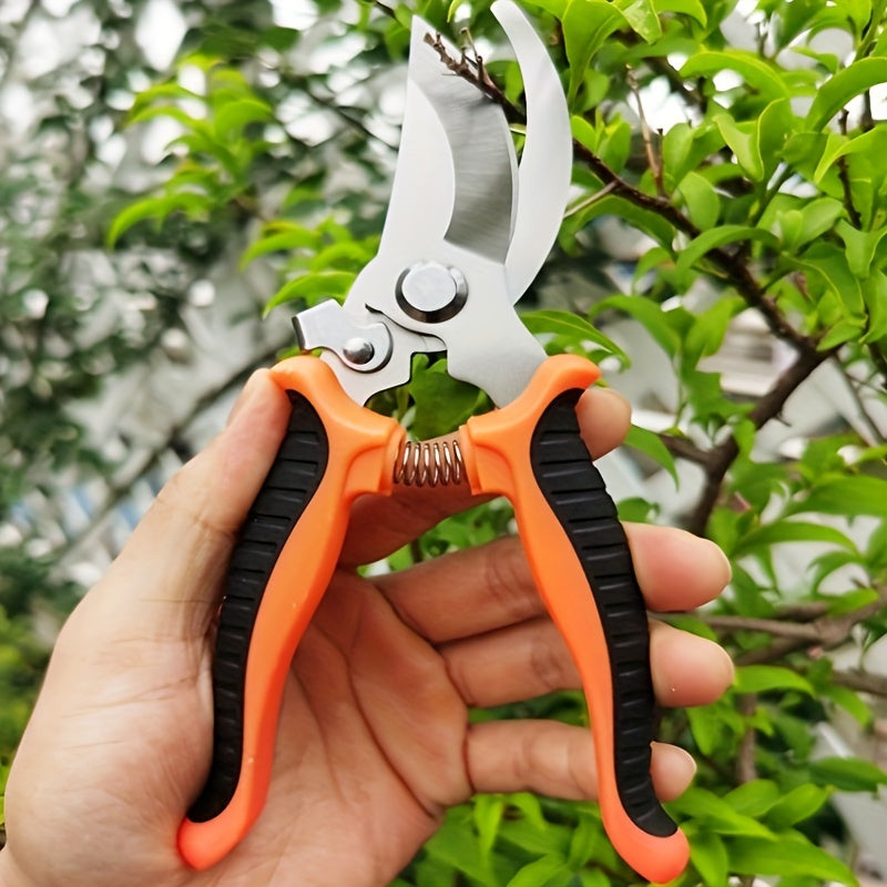 Stainless steel fruit and branch scissors with multi-functional, anti-slip design for labor-saving manual pruning.