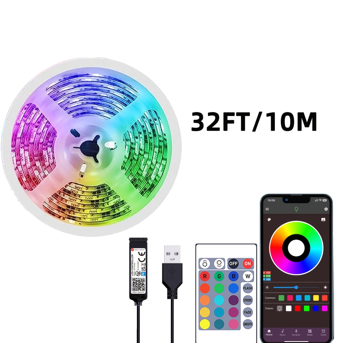 91.44cm-30.48m RGB LED strip lights with remote & app control, adjustable brightness, DIY mode, USB powered, ABS material, non-rechargeable button battery, for bedroom, living room, TV