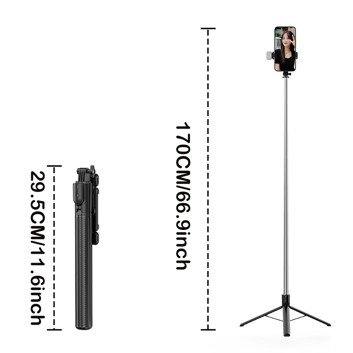 Compact selfie stick with tripod, wireless remote, fill light, and aluminum alloy construction. Compatible with iPhone 14 Pro Max/13/12/11 & Android smartphones, perfect for travel