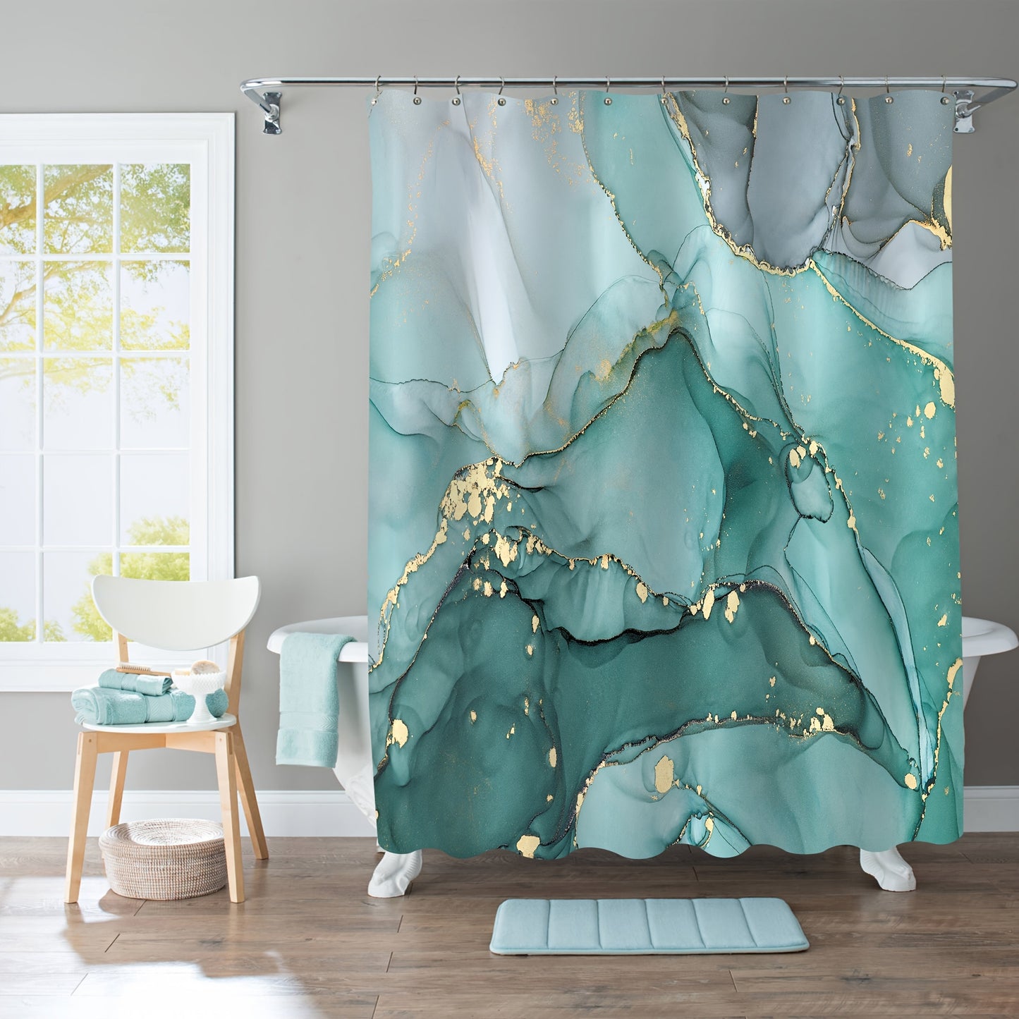 Teal Marble Pattern Shower Curtain Set with Mats and Hooks, Waterproof and Aesthetic Bathroom Decor