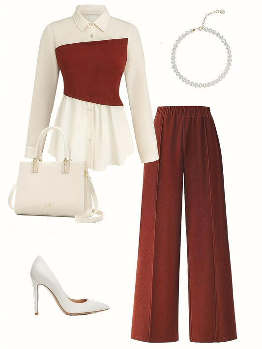 Elegant women's two-piece set in burgundy and white, 100% polyester, machine washable, ideal for spring/fall.