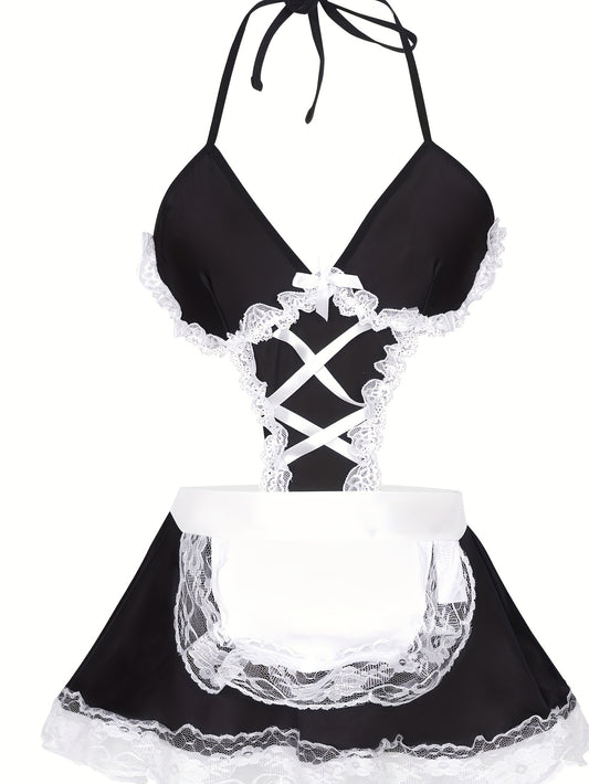 Sexy maid costume lingerie with halter necklace and lace trim.