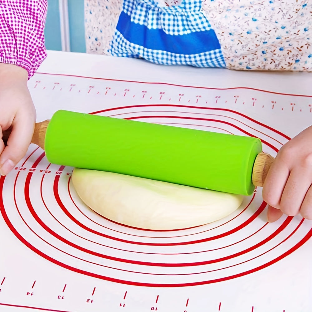 Small rolling pin suitable for kids with a wooden handle and non-stick silicone dough roller, ideal for baking activities.