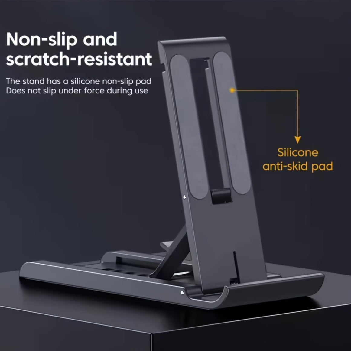 Adjustable foldable phone stand made of multi-functional ABS material, suitable for bedside table or tabletop use with smartphones, tablets, and live streaming support. Not waterproof.