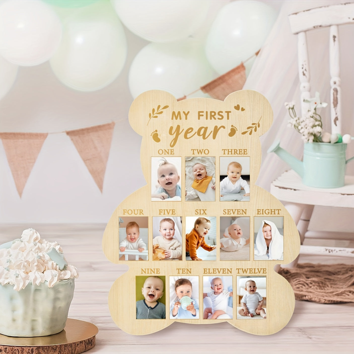 Wooden Bear First Year Milestone Photo Frame, Vertical Poster Frame with Polished Finish, Growth Memorial Table Decor, Adorable Nursery Ornament, Vertical Poster Frame for Living Room, Perfect for Calendar Cards, 1st Birthday Keepsake, Ideal Shower Gift