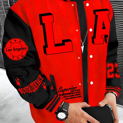 Men's LA Baseball Jacket in red and black with white lettering, "SUPERIOR QUALITY" embroidery. Made of lightweight and warm polyester with pockets, featuring a hip hop rock style.