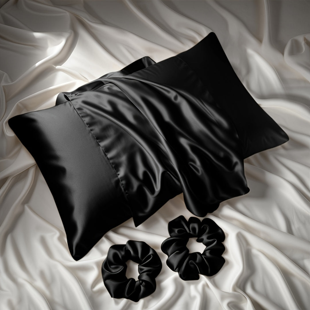 The luxurious satin material 3-piece set includes 1 pillowcase (pillow core not included) and 2 headbands. This modern and simple design is perfect for use in the bedroom, bathroom, or hotel.