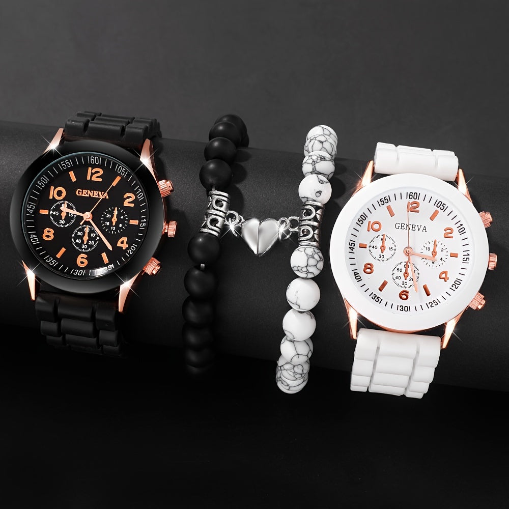 4-piece Couple's Watch & Bracelet set – Silicone band, quartz movement, zinc alloy case – Ideal Valentine's Day gift.