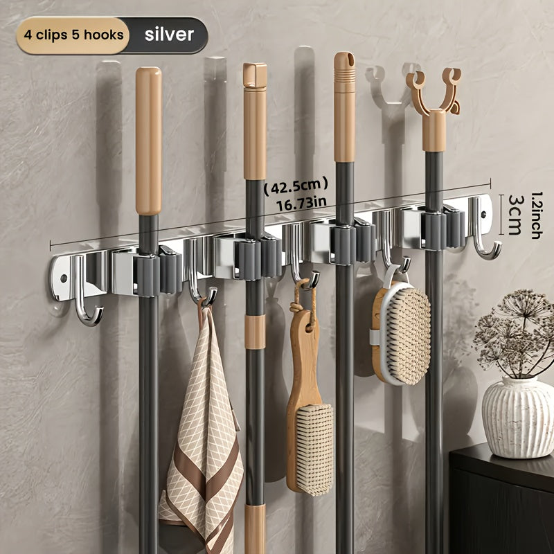 Introducing a wall-mounted mop and broom rack with 5 clips and 4 hooks, designed for easy installation without drilling. This stainless steel storage tool rack comes with perforated screws and adhesive for secure mounting. Equipped with heavy-duty hooks