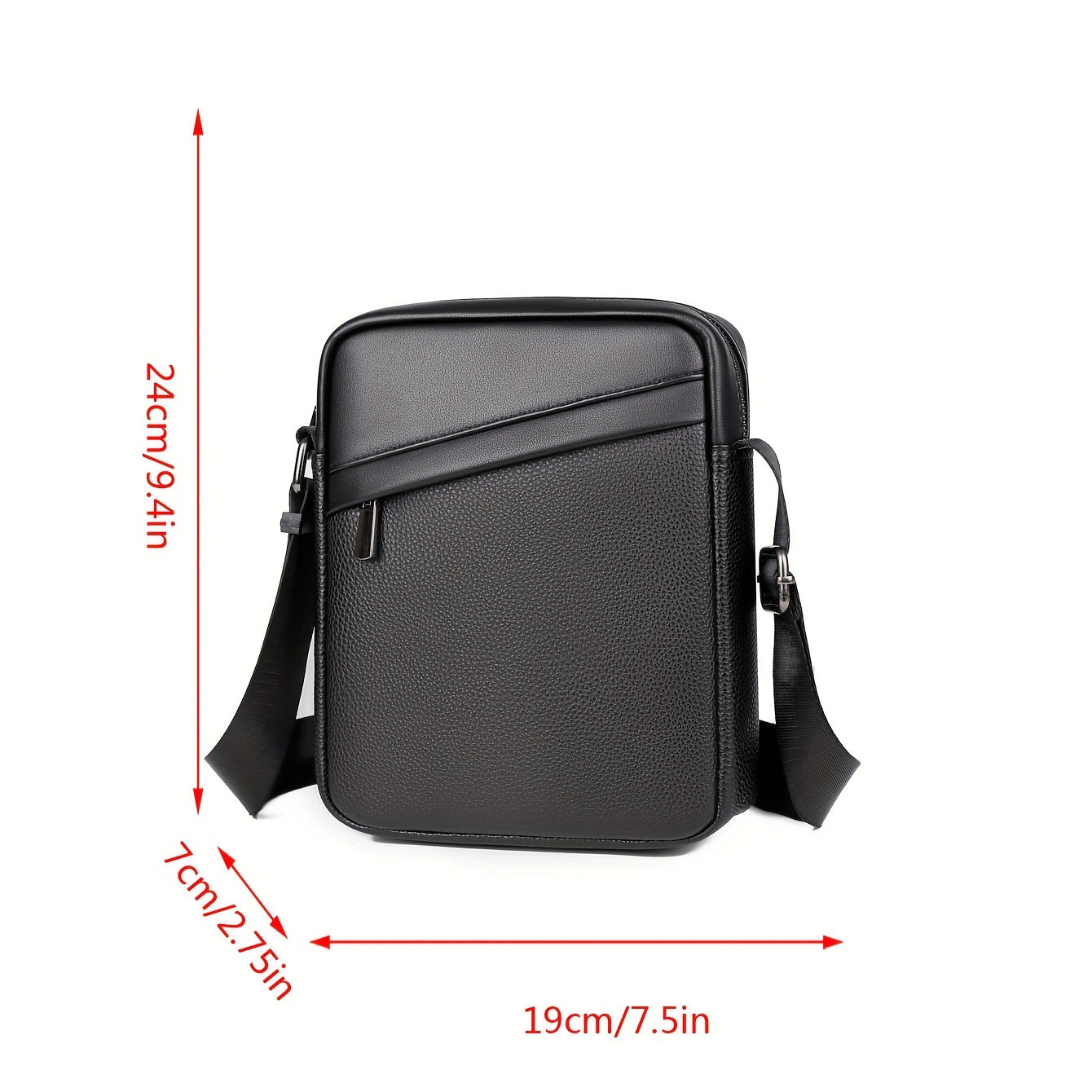 Men's black crossbody bag with adjustable strap featuring a stylish lychee texture. Perfect for business, travel, and casual wear. Multiple compartments for organization. Ideal for everyday