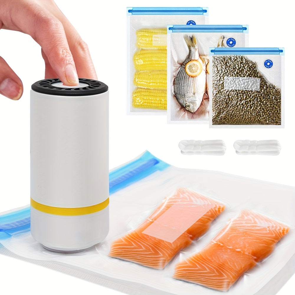 Included in this package are a mini electric vacuum sealer, 15 food vacuum storage bags, a handheld mini electric vacuum machine, and 3 different sizes of food sealing bags (5 pieces each: 21.59 x 20.32cm, 27.94 x 25.4cm, 33.02 x 27.94cm). Also included