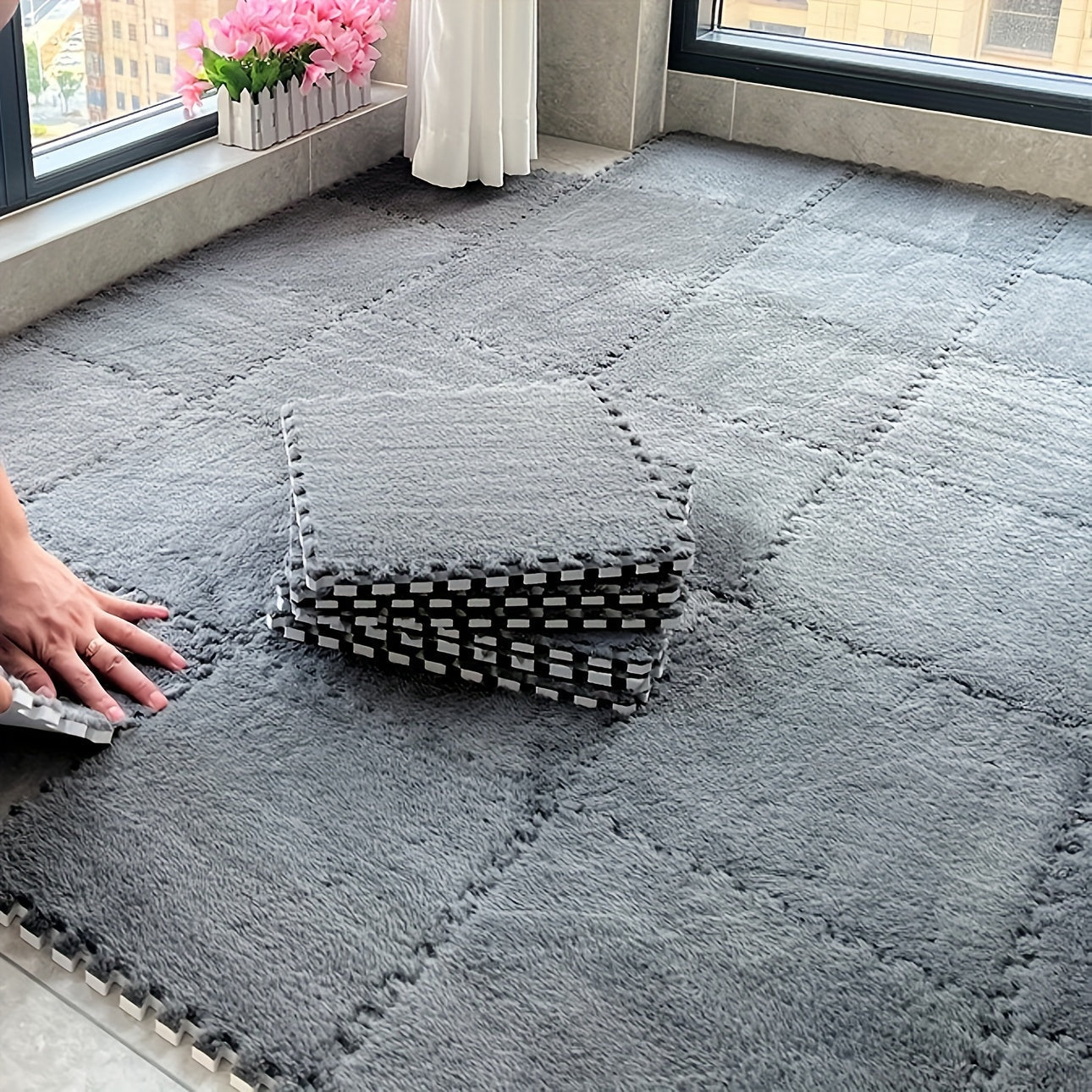 Set of 12 Hand Washable Plush Interlocking Area Rug Tiles - Water-resistant, Lightweight Polyester Mats in a Solid Color Design, Perfect for Office, Bedroom, or Living Room, Each Tile Measures 29.97x29.97 cm