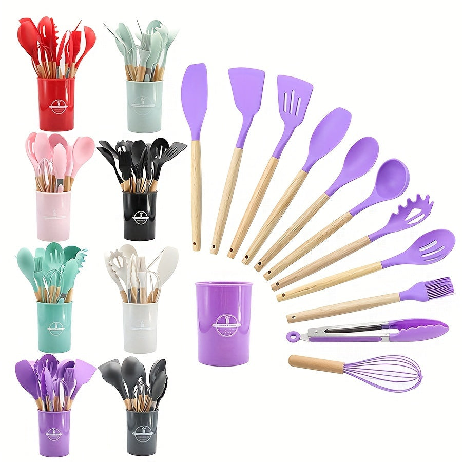 Set of 11/12 pieces Kitchenware with Wooden Handles, including Silicone Non-stick Pot, Cooking Shovel, Spoon, Storage Bucket, and Non-stick Shovel. An essential collection of high-quality kitchen utensils and items.