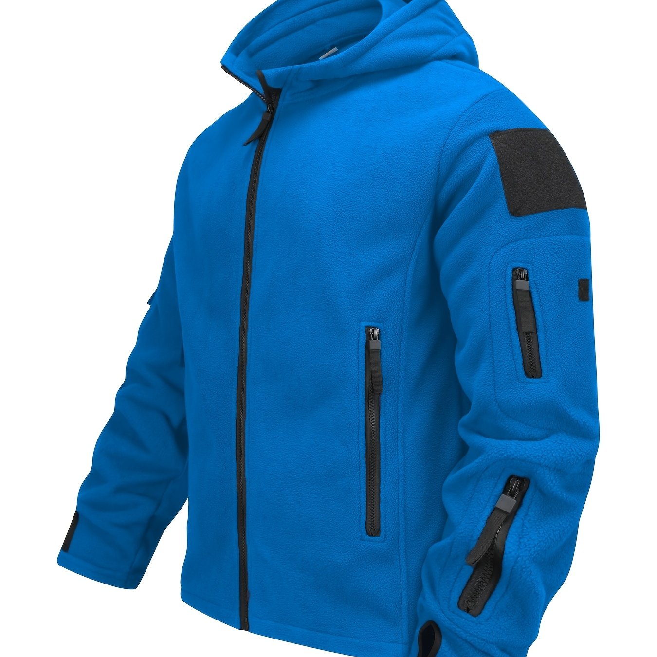 Royal Blue Fleece-Lined Hooded Jacket for Men with Zipper Pockets, Warm Winter Coat for Outdoor Activities, Polyester Blend, Hand/Dry Clean Only, Durable Zipper Closure.