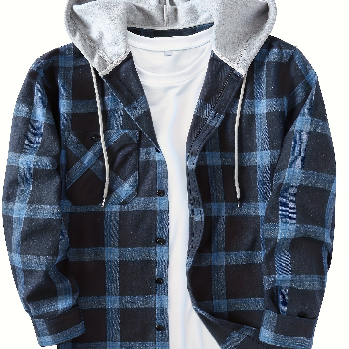 Men's plaid hooded shirt in polyester blend (70% Polyester, 30% Rayon) with non-stretch fabric, loose fit, button details. Great for spring/fall, can be layered under a jacket or worn as a