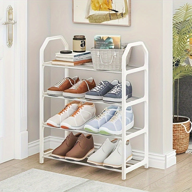 Contemporary Stainless Steel Shoe Rack - Stylish Freestanding Storage Organizer with Multiple Layers for Living Room, Simple Assembly with Gold Trim, Ideal for Home Storage and Organization, Standing Shelf Solution.