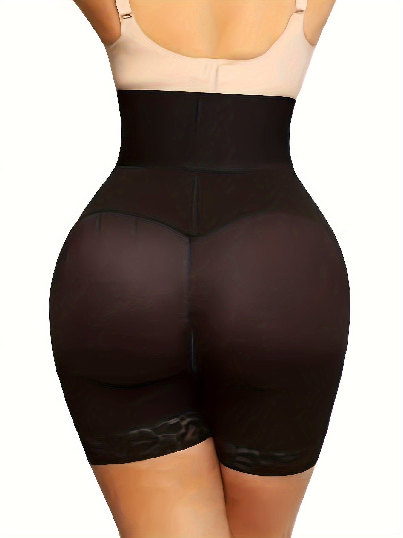 High-waist shapewear shorts with tummy control and lace trim, seamless body shaper for slimming under dresses.