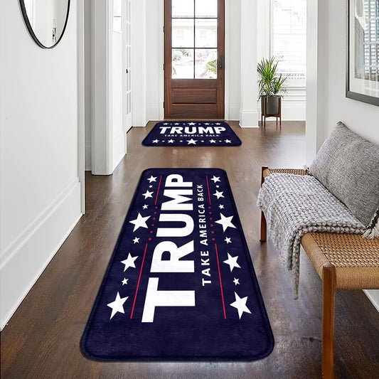 Trump Take America Back Doormat available in two sizes: 74.93cm x 44.96cm and 119.89cm x 44.96cm. Features: Machine washable, non-slip, and durable for long-lasting use.