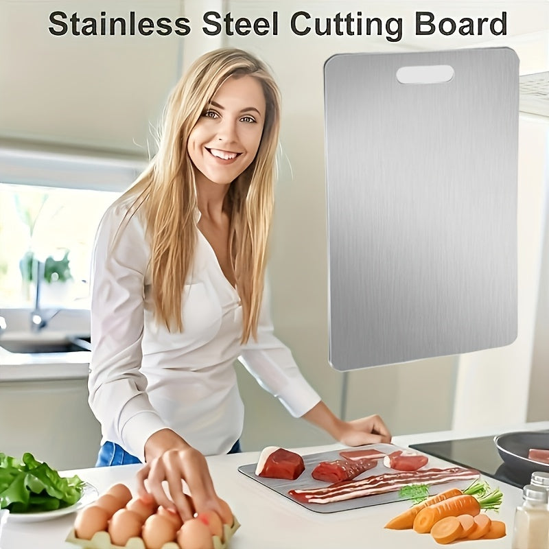 Premium stainless steel cutting board with dual-sided design for home and restaurant use. This food-grade, odorless and durable kitchen chopping block is a must-have for any kitchen.