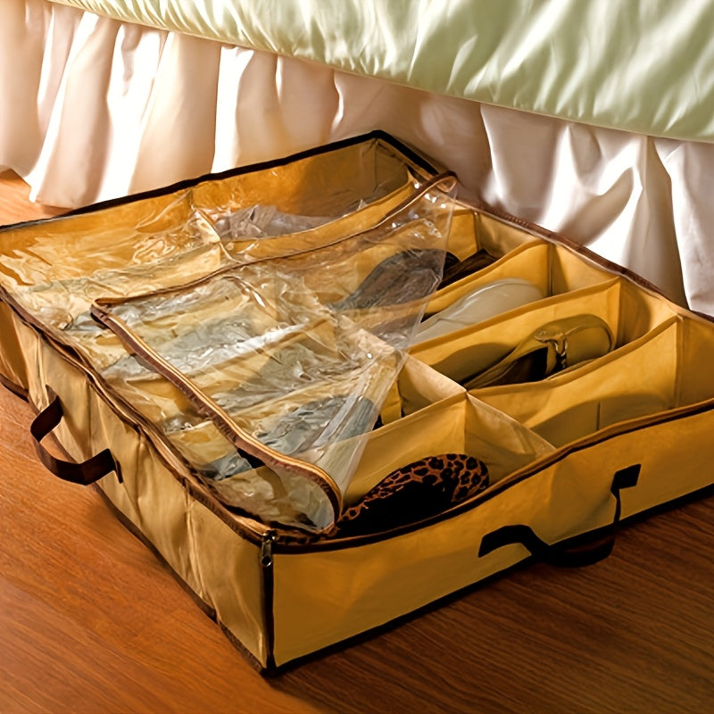 Fashionable Tan 12-Grid Transparent Shoe Storage Bag Made of Hand Washable Polyester, Dustproof and Moisture-Proof, Ideal for Under Bed Organization