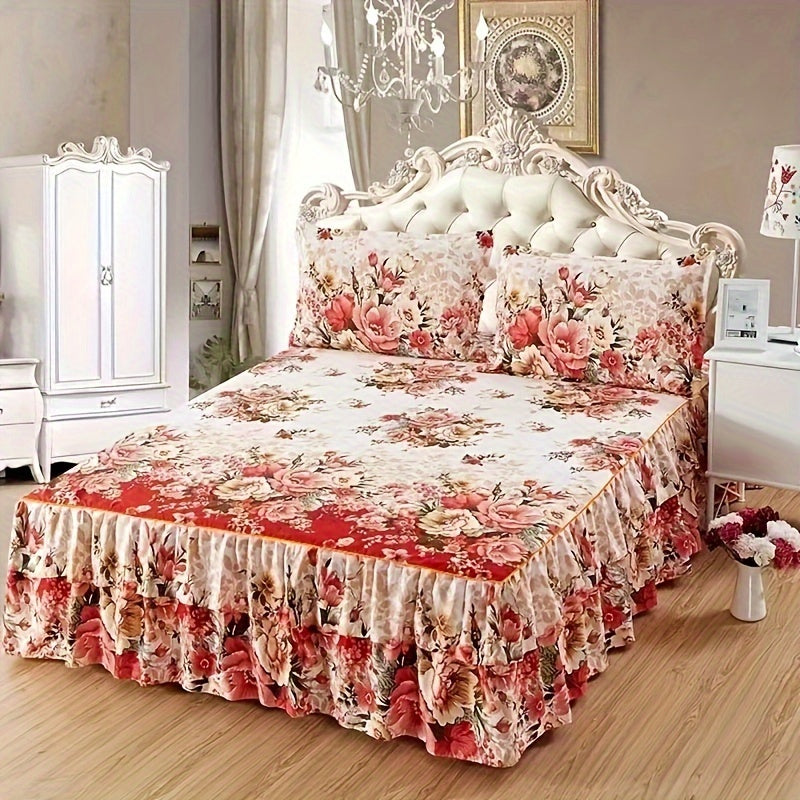 Set of 3 Macrame Bed Skirts with Flower Print, Suitable for All Seasons, with Universal Non-slip Design. Includes 1 Bed Skirt and 2 Pillowcases, Core not included.