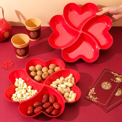 Heart-shaped 4-section plastic snack serving tray, perfect for parties and events, suitable for all seasons, can hold nuts, candy, dried fruits, and salads. Ideal for weddings, engagements, and Diwali celebrations.