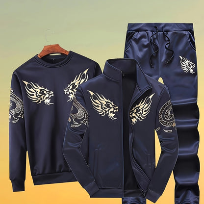 Men's 3-piece athletic set with slim-fit zip-up jacket, casual hoodie, and drawstring pants featuring golden accents for spring/fall.