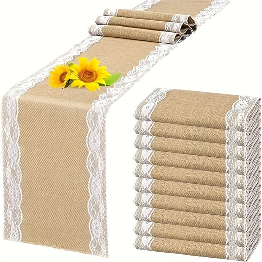 Rustic burlap table runner with lace trim, perfect for parties, banquets, weddings, and holiday decor.