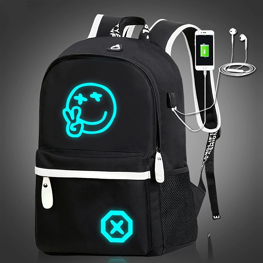 Glow-in-the-dark cartoon backpack with USB charging, adjustable straps, and zip closure. Perfect for daily use for school or commuting.