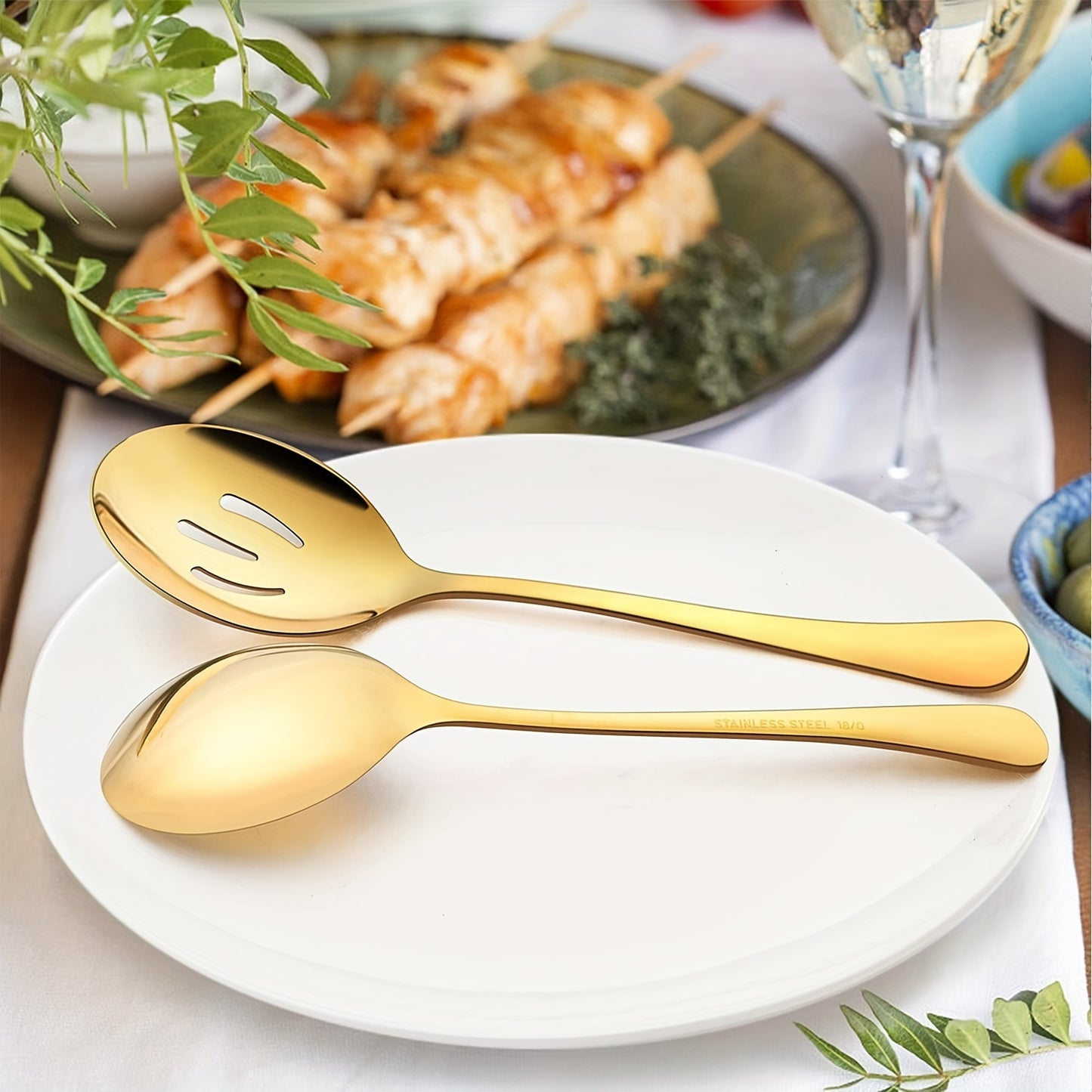 4/6/8PCS Golden Serving Utensils, Serving Spoons, Slotted Spoons, Premium Stainless Steel Buffet Spoons for Events, Mirror Polished, Dishwasher Safe.