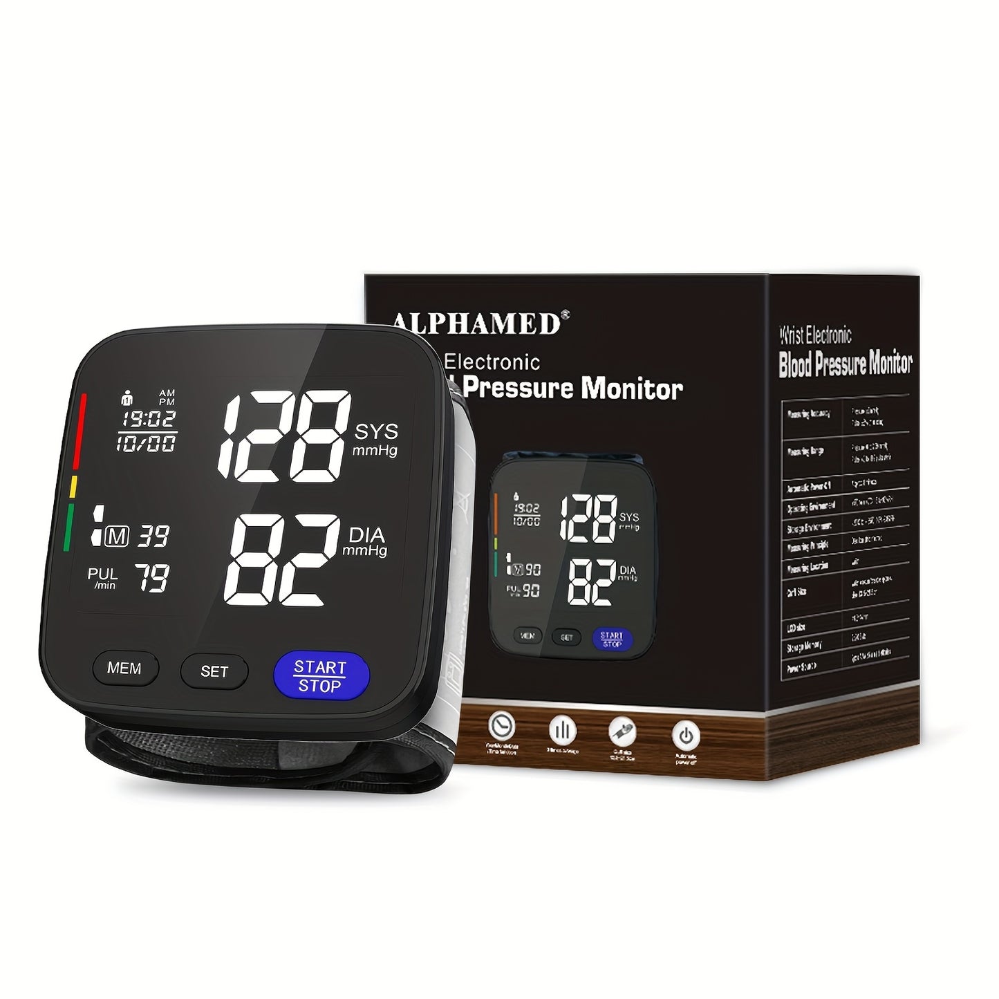 Household wrist blood pressure monitor, portable and wireless, can store up to 180 readings for two users (battery not included).