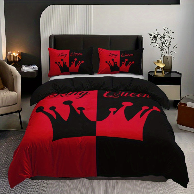 Black and red crown pattern bedding set includes 3 pieces: 1 duvet cover and 2 pillowcases. Soft and perfect for bedroom or guest room. Duvet cover set does not include core.