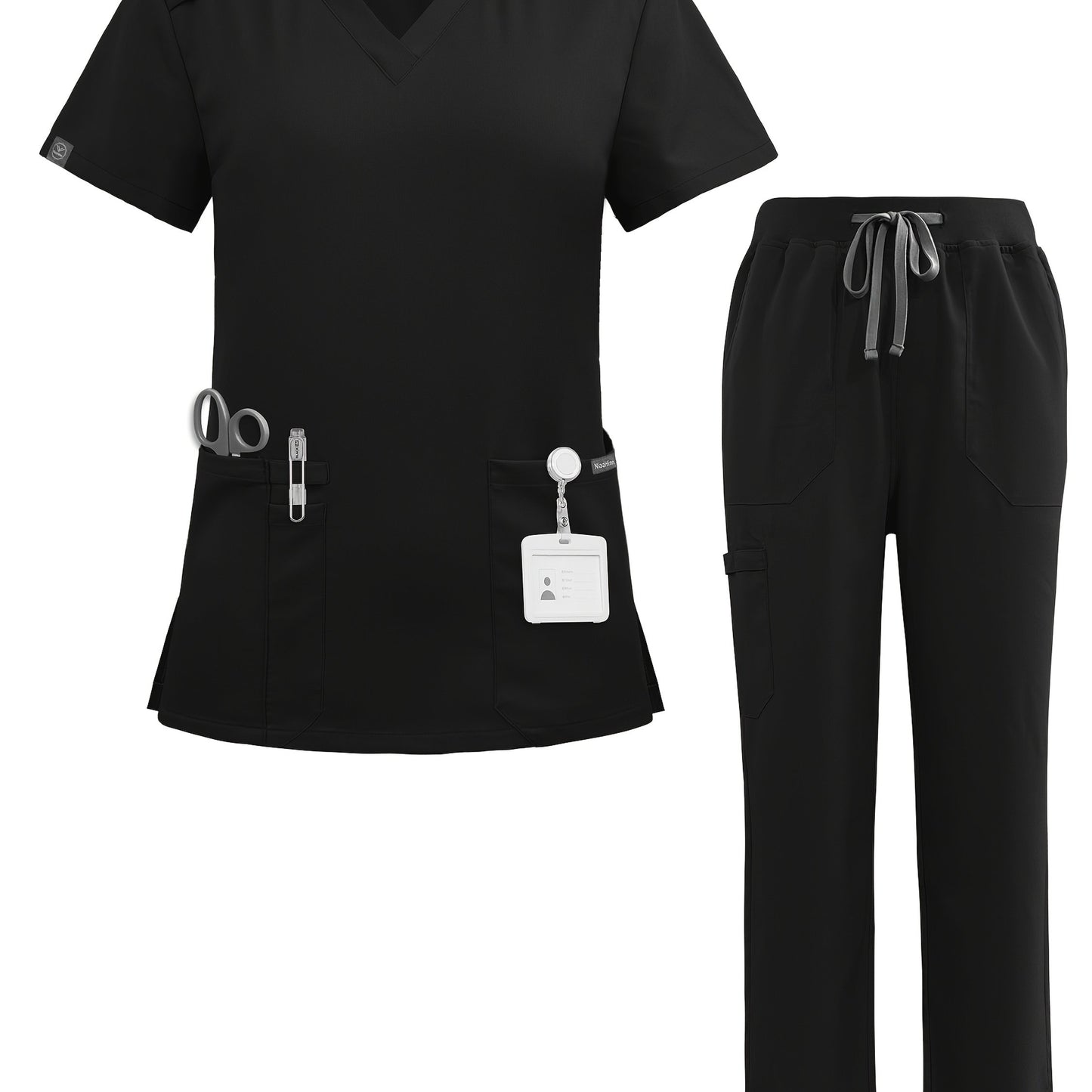 Short Sleeve Unisex Polyester Spandex Scrubs Set with Pockets, Ideal for Hospital Work in Pharmacy, Dental, and Surgery - Solid Color, All-Season Wear