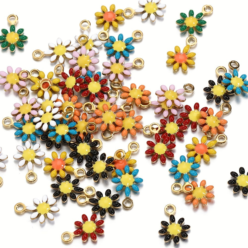 20 pieces of golden-colored stainless steel enamel daisy flower charms pendants for making bracelets, necklaces, and other DIY jewelry projects that won't fade.