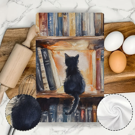 Two pieces of ultra soft kitchen towels featuring a charming library kitten design. These highly absorbent and machine washable dish hand towels measure a cozy 40.64x60.96 cm, making them perfect for home decor and practical for kitchen use.