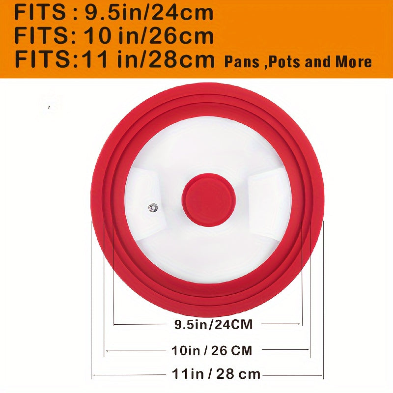 Multi-functional red silicone-rimmed glass lid designed for pots and skillets from 20.32cm to 27.94cm in diameter - can be safely cleaned in the dishwasher, features a non-slip knob, and is heat resistant.