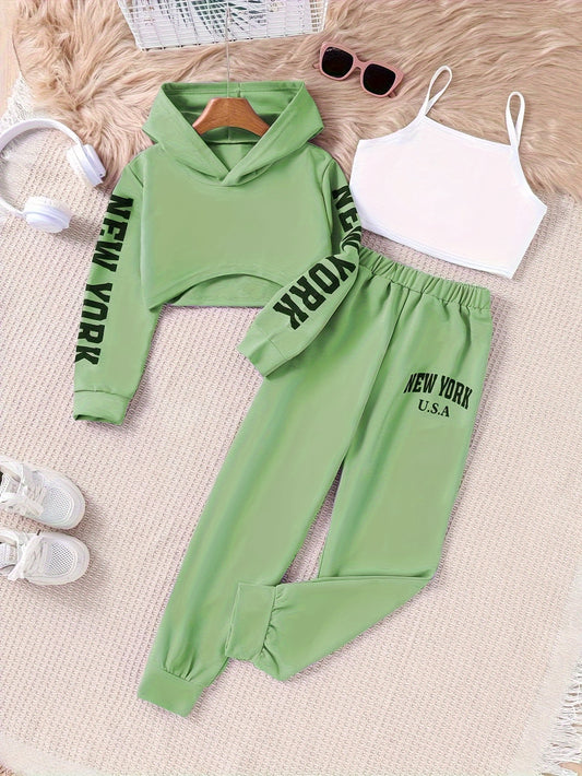 3-piece stylish outfit for girls with a NEW YORK print hoodie, cami top, and sweatpants, perfect for daily and outdoor wear in spring and fall.