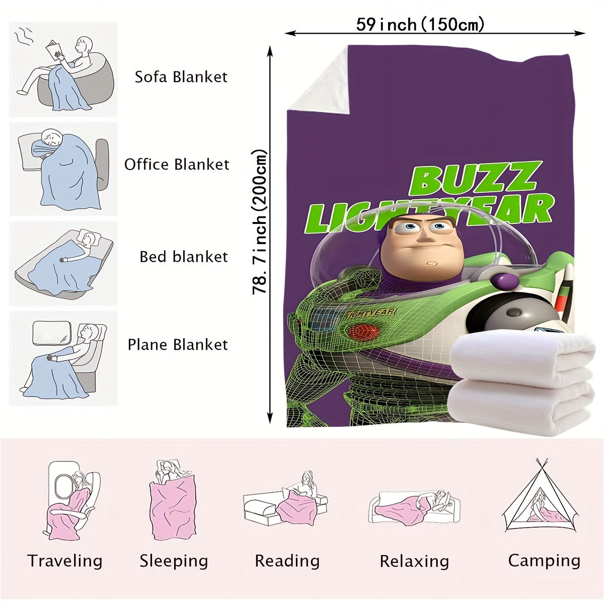 Buzz Lightyear, the adventurous astronaut in green, is enjoying playtime with his green dinosaur friend. His playful demeanor is evident in his exaggerated expressions, reflecting his childlike innocence. Happily seated on a vibrant purple blanket, he