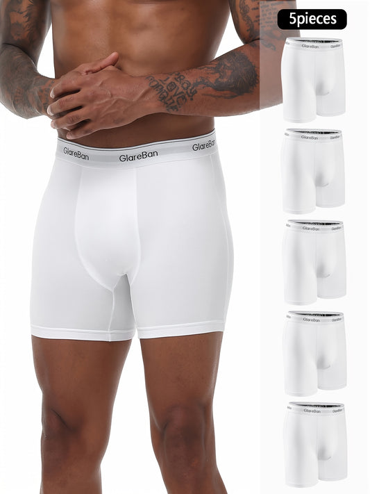 5 Men's white boxer briefs made of comfortable polyester and elastane blend, machine washable.