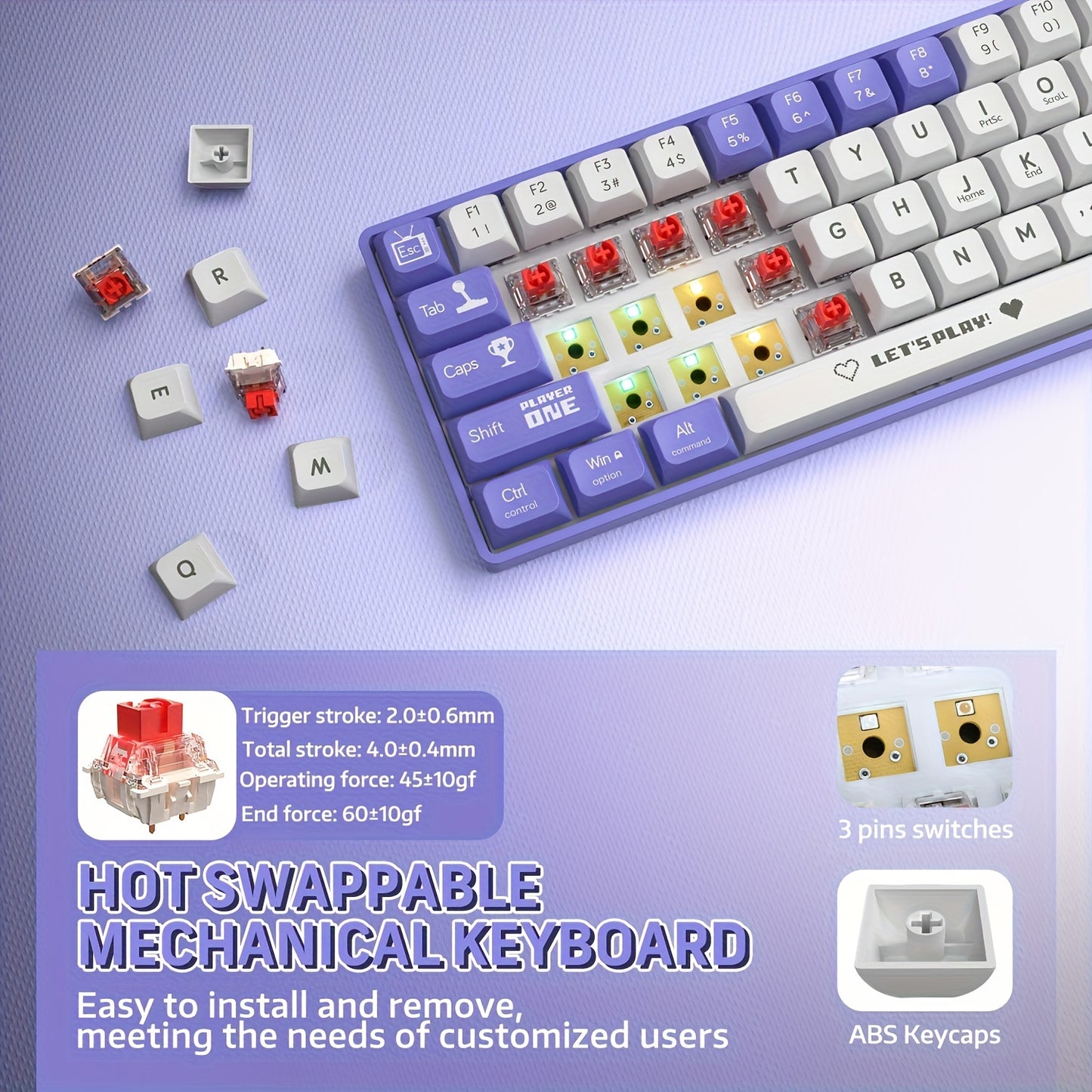 HOOPOND Wired Mechanical Gaming Keyboard - 65% Hot-Swappable, RGB Backlit, Red Switches, Ergonomic Design, Purple & White Color, Windows/Mac Compatible.