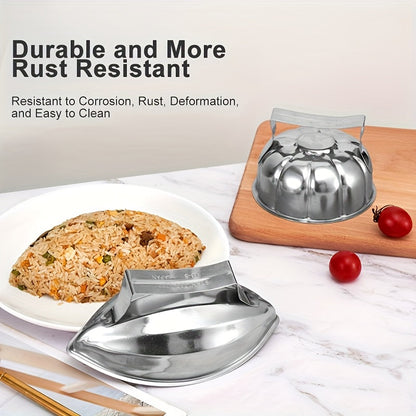 This durable and corrosion-resistant cookware is a stainless steel rice mold with a handle, perfect for making food-grade rice and vegetable rolls. One piece is included in this set.