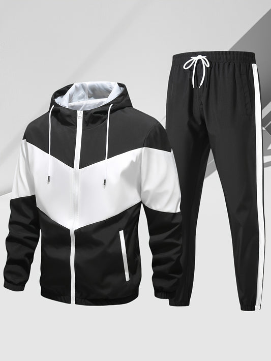 Men's casual 2-piece outfit with a stylish color block zip up hooded jacket and breathable drawstring pants.