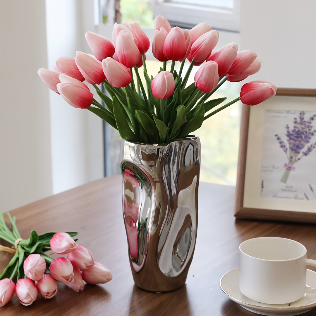 Artificial tulip flowers in 9, 18, or 27 piece sets for home or office decor, weddings, parties, and gifts.