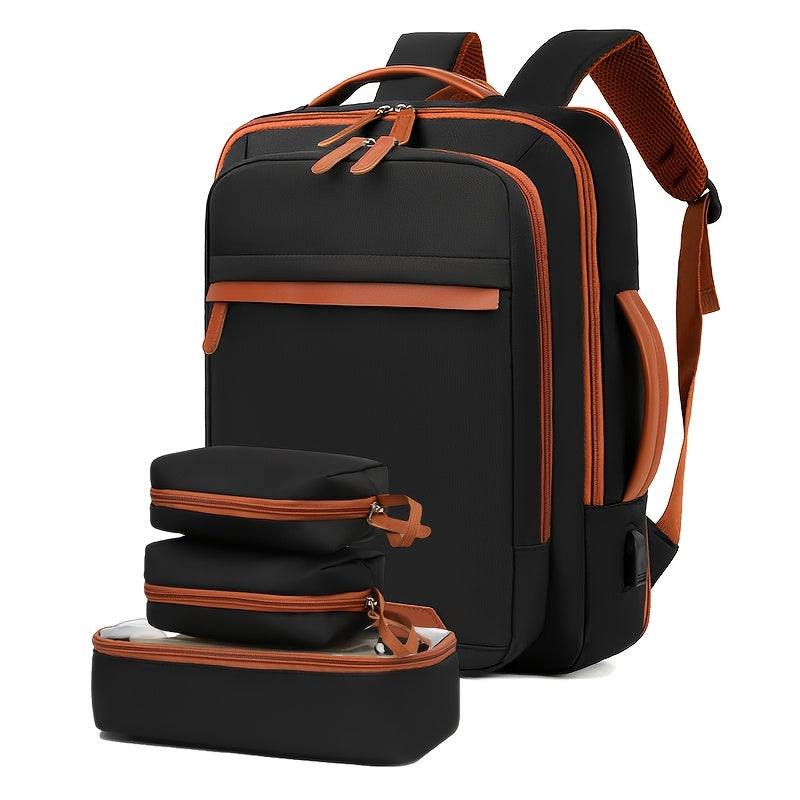 Expandable outdoor backpack with laptop compartment, wet/dry separation, ideal for students, business travel, and carry-on use.