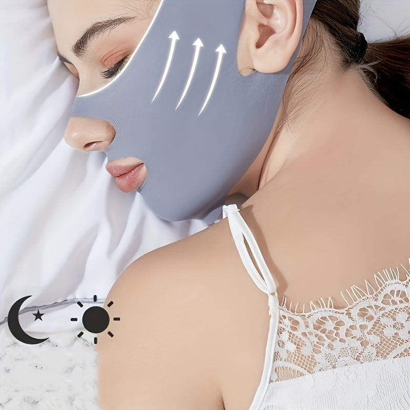 <Elastic plastic facial bandage for day and night use, also functions as anti-snoring and sleep mask.>