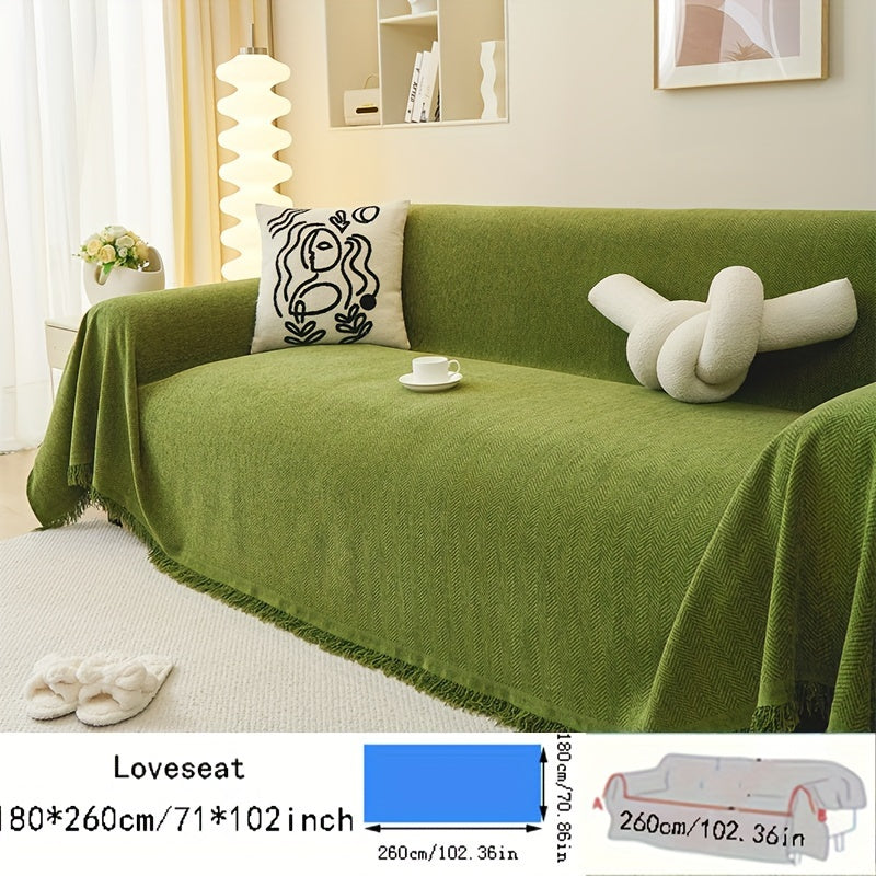 Contemporary chenille sofa throw, waterproof baby fleece cover, universal fit for all-season use. Features tassel embellishment and is machine washable. Made of 100% polyester, suitable for various furniture sizes in different rooms.