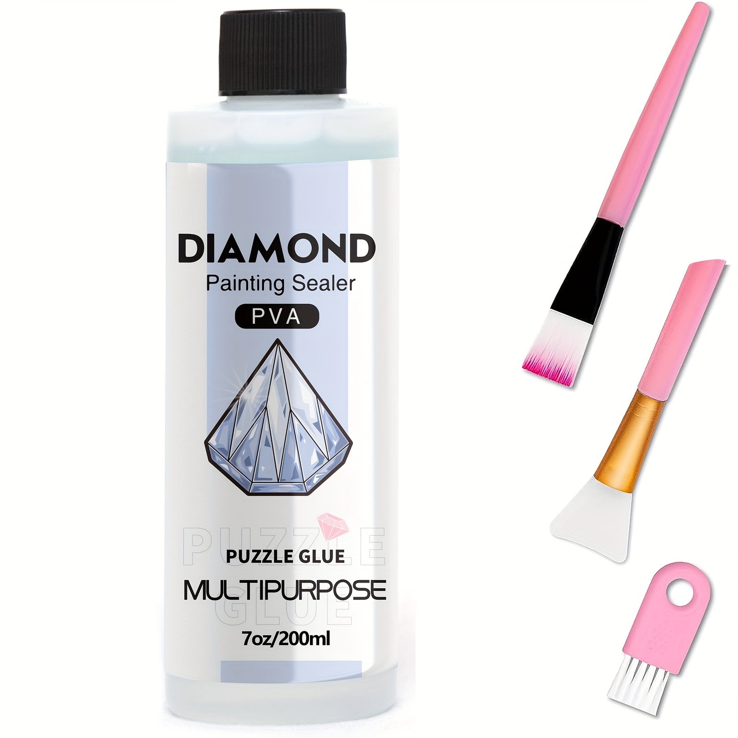 Diamond painting sealer with 3 brushes for permanent hold & shine effect on 5D diamond painting and puzzles, available in 60ml or 200ml.