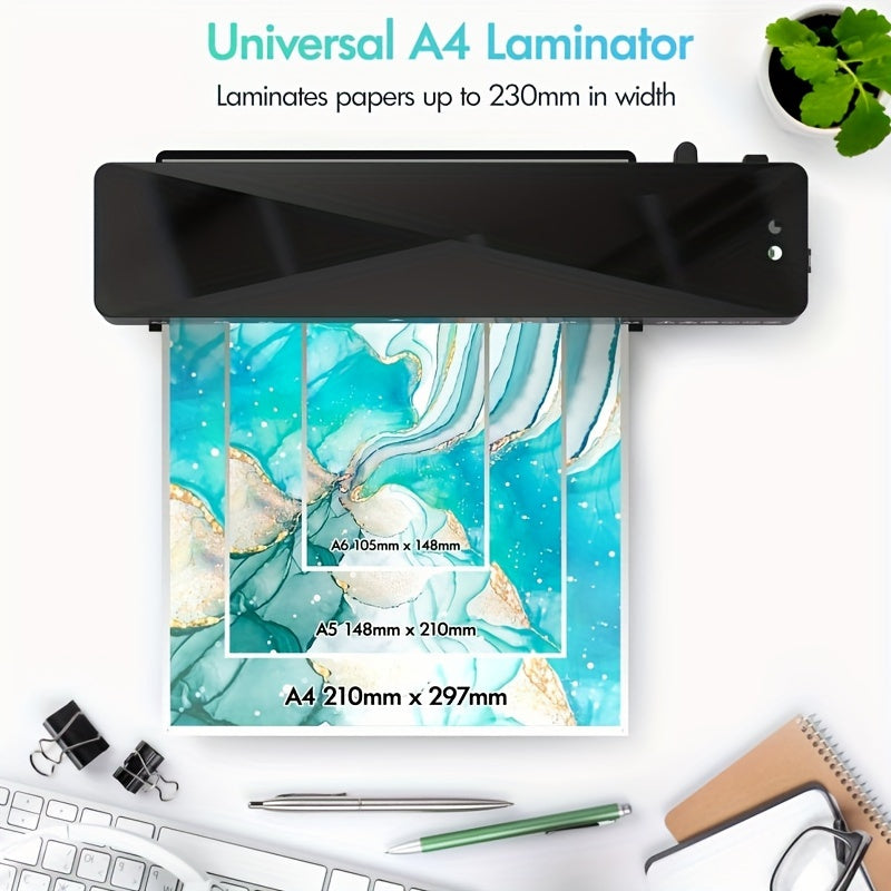 A versatile A4 laminator set with cutter and corner rounder, ideal for school, office documents, menus, and letter cards. It has hot and cold modes, measuring 22.86cm.