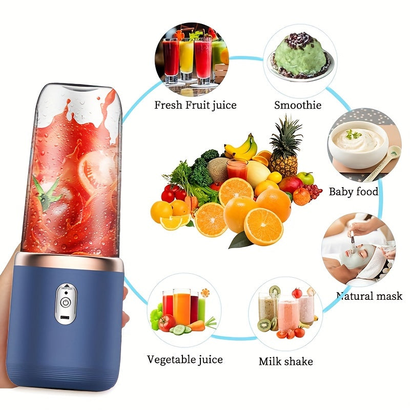 USB rechargeable juicer with 2 cups, fresh juice cup with sports lid, cordless portable blender with six-blade design for quick, smooth juicing. Ideal for fruits, beverages, and on-the-go use.