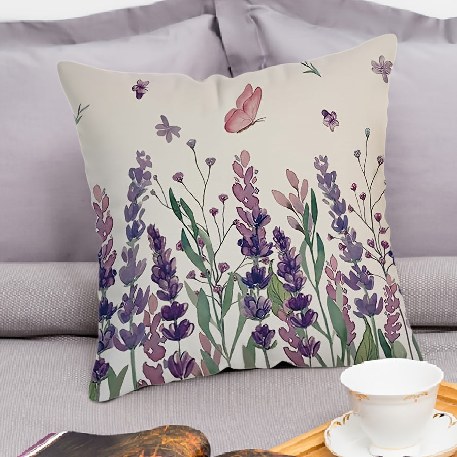 Purple Floral Pillow Cover measuring 44.98cm x 44.98cm. Features include a single-sided print, zip closure, and machine washable design. Ideal for adding a chic touch to your living room sofa or bedroom decor. Perfect for couch pillows.